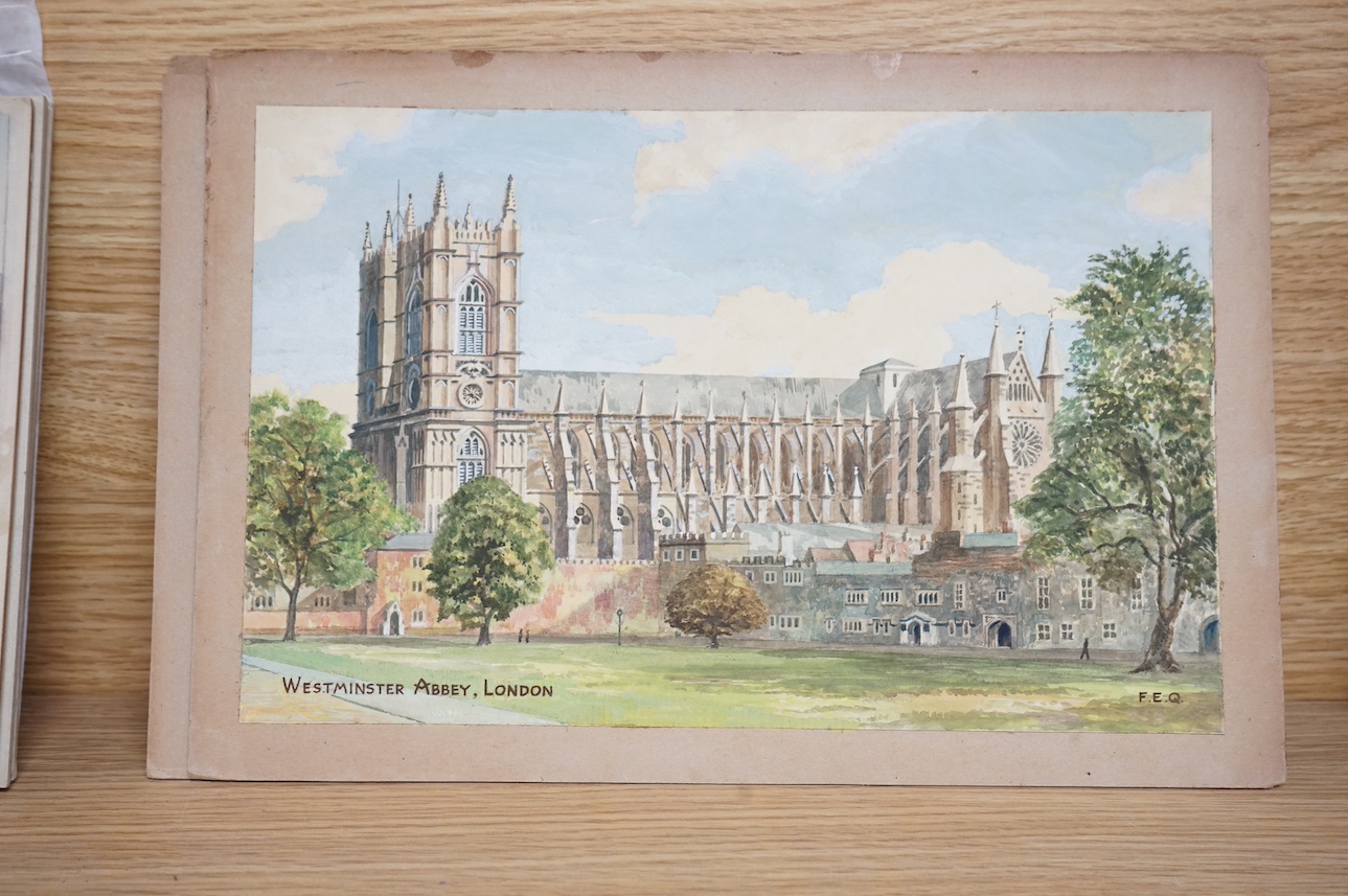 Frank Ernest Quinton (20th. C), a set of five original watercolours for postcard designs, London scenes comprising; ‘Houses of Parliament’, ‘Trafalgar Square’, ‘Westminster Abbey’, ‘Tower of London’ and ‘Horseguards, Whi